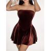 imageMakeMeChic Womens Party Short Strapless Dress Bandeau Tube Dress Sleeveless Ruffled A Line Flare Mini DressesBrown