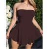 imageMakeMeChic Womens Party Short Strapless Dress Bandeau Tube Dress Sleeveless Ruffled A Line Flare Mini DressesCoffee Brown