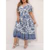 imageMakeMeChic Womens Plus Size Boho Floral Maxi Dress Curvy Short Sleeve Shirred Squared Neck Flomal Long DressBlue and White