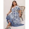 imageMakeMeChic Womens Plus Size Boho Floral Maxi Dress Curvy Short Sleeve Shirred Squared Neck Flomal Long DressBlue and White