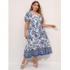 imageMakeMeChic Womens Plus Size Boho Floral Maxi Dress Curvy Short Sleeve Shirred Squared Neck Flomal Long DressBlue and White