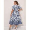imageMakeMeChic Womens Plus Size Boho Floral Maxi Dress Curvy Short Sleeve Shirred Squared Neck Flomal Long DressBlue and White