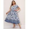 imageMakeMeChic Womens Plus Size Boho Floral Maxi Dress Curvy Short Sleeve Shirred Squared Neck Flomal Long DressBlue and White