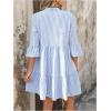 imageMakeMeChic Womens Striped Print A Line Dress 34 Sleeve Notch Neck Summer Mini DressBlue and White
