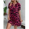 imageMakeMeChic Womens Summer Casual Dress Leopard Print V Neck Short Sleeve Short Tunic DressHot Pink