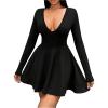 imageMakeMeChic Womens Deep V Neck Mini Dress Long Sleeve A Line Flare Short DressesBlack