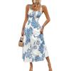 imageMakeMeChic Womens Floral Tropical Drawstring Shirred Cami Boho Dress High Waist Flared Flowy Summer DressBlue and White