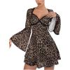 imageMakeMeChic Womens Leopard Print Dress Bell SleeveLace Trim Sweetheart Short Dresses Cheetah Print DressesBrown
