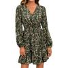 imageMakeMeChic Womens Long Sleeve Floral Short Dress Wrap V Neck Elastic Waist Casual DressesArmy Green