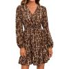 imageMakeMeChic Womens Long Sleeve Floral Short Dress Wrap V Neck Elastic Waist Casual DressesBrown