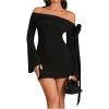 imageMakeMeChic Womens Off The Shoulder Bell Sleeve Mini Dress Bowknot Cocktail Party Bodycon DressesAll Black
