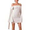 imageMakeMeChic Womens Off The Shoulder Bell Sleeve Mini Dress Bowknot Cocktail Party Bodycon DressesPure White