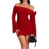 imageMakeMeChic Womens Off The Shoulder Bell Sleeve Mini Dress Bowknot Cocktail Party Bodycon DressesRed