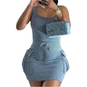 imageMakeMeChic Womens Corduroy Tank Dress Tie Front Sleeveless Bodycon Cargo Mini DressesBlue