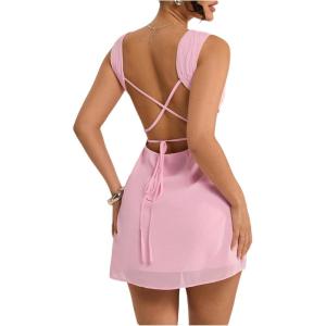 imageMakeMeChic Womens Criss Cross Tie Open Back Tank Dress Ruched Sleeveless Bodycon Y2k Short DressesLight Pink