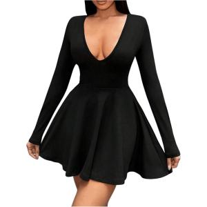 imageMakeMeChic Womens Deep V Neck Mini Dress Long Sleeve A Line Flare Short DressesBlack