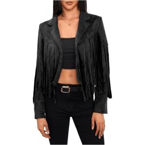 imageMakeMeChic Womens Faux Suede Tassel Cowgirl Coats Western Fringe Jackets 70s Hippie CostumeBlack