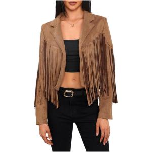 imageMakeMeChic Womens Faux Suede Tassel Cowgirl Coats Western Fringe Jackets 70s Hippie CostumeBrown