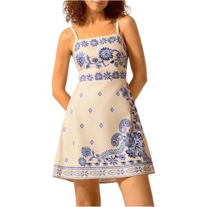imageMakeMeChic Womens Floral Boho Dress Sleeveless Vacation Mini Short Dress Tie Backless SundressBlue and White