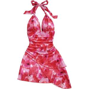 imageMakeMeChic Womens Floral Print Halter Ruched Tie Back Sleeveless A Line Summer Mini DressesPink