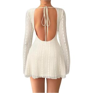 imageMakeMeChic Womens Floral Print Long Sleeve Mini Dress Mesh Backless Y2k Going Out DressesApricot
