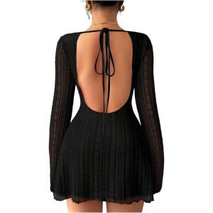 imageMakeMeChic Womens Floral Print Long Sleeve Mini Dress Mesh Backless Y2k Going Out DressesBblack