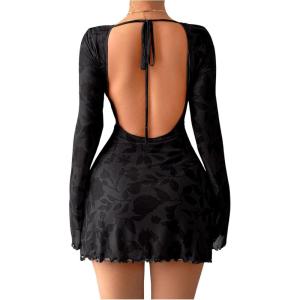 imageMakeMeChic Womens Floral Print Long Sleeve Mini Dress Mesh Backless Y2k Going Out DressesBlack