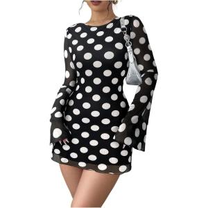 imageMakeMeChic Womens Floral Print Long Sleeve Mini Dress Mesh Backless Y2k Going Out DressesBlack and White