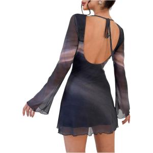 imageMakeMeChic Womens Floral Print Long Sleeve Mini Dress Mesh Backless Y2k Going Out DressesBmulticolor