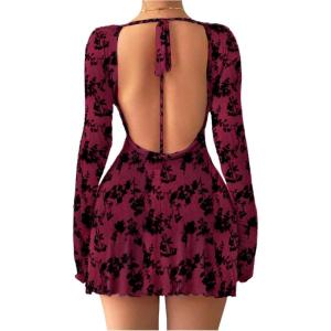 imageMakeMeChic Womens Floral Print Long Sleeve Mini Dress Mesh Backless Y2k Going Out DressesBred