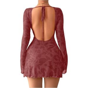 imageMakeMeChic Womens Floral Print Long Sleeve Mini Dress Mesh Backless Y2k Going Out DressesBurgundy