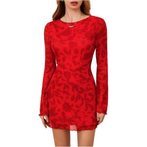 imageMakeMeChic Womens Floral Print Long Sleeve Mini Dress Mesh Backless Y2k Going Out DressesRed