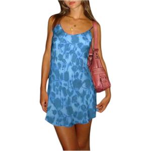 imageMakeMeChic Womens Floral Print Spaghetti Strap Ruffle Hem Summer Mini Cami DressBlue