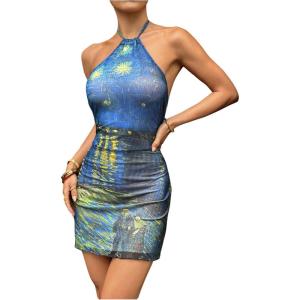 imageMakeMeChic Womens Leopard Print Halter Dress Tie Backless Cheetah Party Mini DressesMulticolor