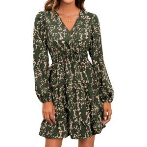 imageMakeMeChic Womens Long Sleeve Floral Short Dress Wrap V Neck Elastic Waist Casual DressesArmy Green