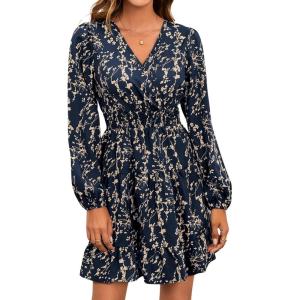 imageMakeMeChic Womens Long Sleeve Floral Short Dress Wrap V Neck Elastic Waist Casual DressesBark Blue
