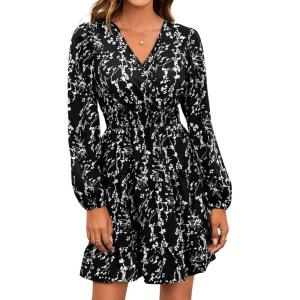 imageMakeMeChic Womens Long Sleeve Floral Short Dress Wrap V Neck Elastic Waist Casual DressesBlack
