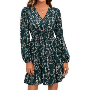 imageMakeMeChic Womens Long Sleeve Floral Short Dress Wrap V Neck Elastic Waist Casual DressesBlue