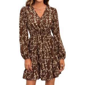 imageMakeMeChic Womens Long Sleeve Floral Short Dress Wrap V Neck Elastic Waist Casual DressesBrown