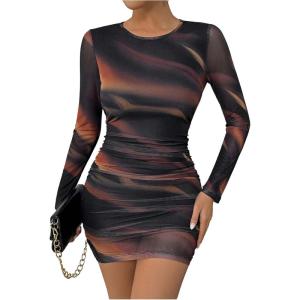 imageMakeMeChic Womens Mesh Tie Dye Mini Dress Ruched Long Sleeve Bodycon Party DressesMulticolor