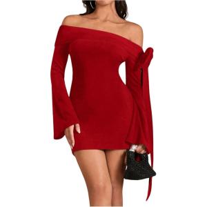 imageMakeMeChic Womens Off The Shoulder Bell Sleeve Mini Dress Bowknot Cocktail Party Bodycon DressesRed