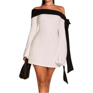 imageMakeMeChic Womens Off The Shoulder Bell Sleeve Mini Dress Bowknot Cocktail Party Bodycon DressesWhite