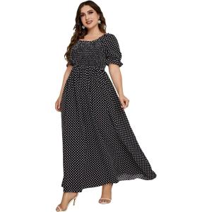 imageMakeMeChic Womens Plus Size Boho Floral Maxi Dress Curvy Short Sleeve Shirred Squared Neck Flomal Long DressBlack