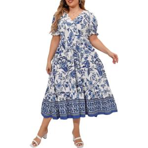 imageMakeMeChic Womens Plus Size Boho Floral Maxi Dress Curvy Short Sleeve Shirred Squared Neck Flomal Long DressBlue and White