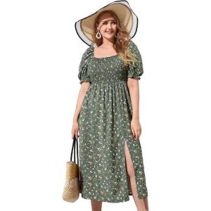 imageMakeMeChic Womens Plus Size Boho Floral Maxi Dress Curvy Short Sleeve Shirred Squared Neck Flomal Long DressGreen