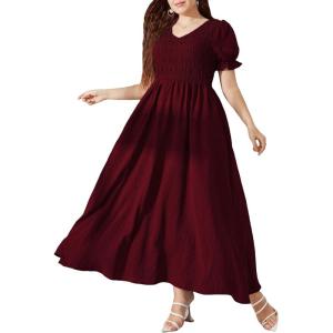 imageMakeMeChic Womens Plus Size Boho Floral Maxi Dress Curvy Short Sleeve Shirred Squared Neck Flomal Long DressMaroon