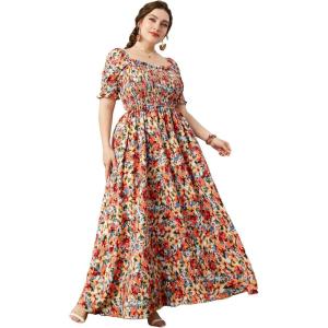 imageMakeMeChic Womens Plus Size Boho Floral Maxi Dress Curvy Short Sleeve Shirred Squared Neck Flomal Long DressMulticolor a