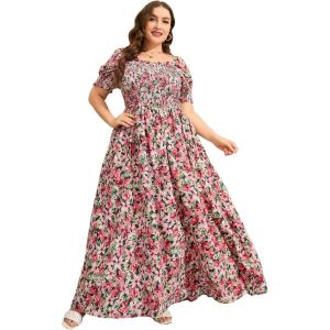 imageMakeMeChic Womens Plus Size Boho Floral Maxi Dress Curvy Short Sleeve Shirred Squared Neck Flomal Long DressMulticolored
