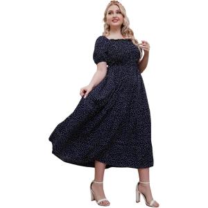 imageMakeMeChic Womens Plus Size Boho Floral Maxi Dress Curvy Short Sleeve Shirred Squared Neck Flomal Long DressNavy Blue