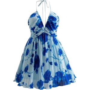 imageMakeMeChic Womens Plus Size Floral Tie Dye Halter Dress Open Back A Line Mini DressesBlue